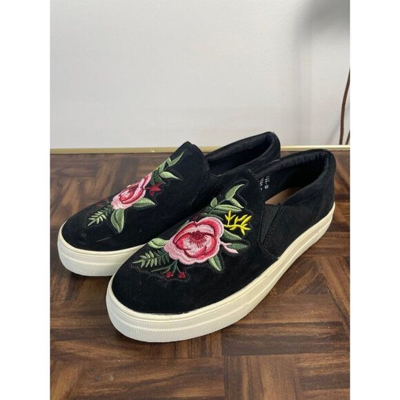Brash Embroidered Rose Floral Slip On Shoes Platforms Faux Suede Black Size 8.5 - Picture 1 of 5